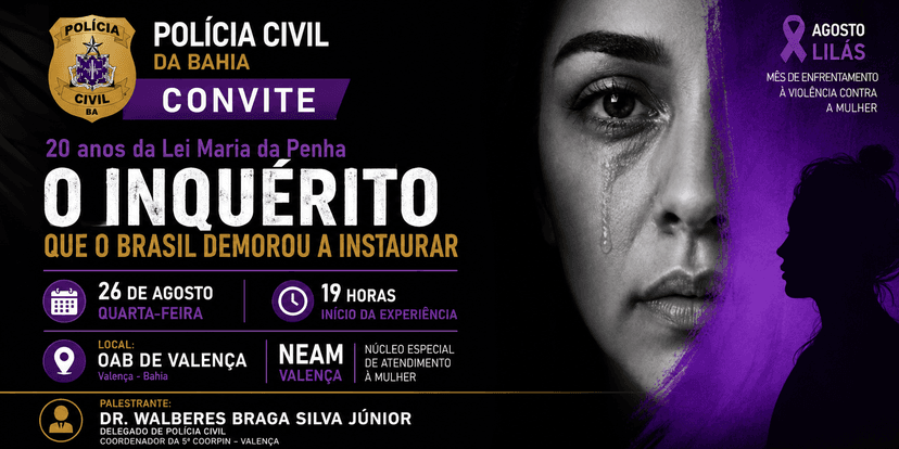 Evento em Valença vai marcar os 20 anos da Lei Maria da Penha; participação será gratuita